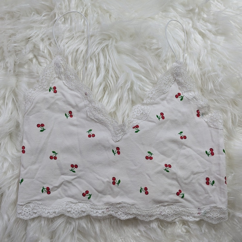Y2K Cherry‎ Print Lace Cropped Summer Camisole Top in White *See Measurements